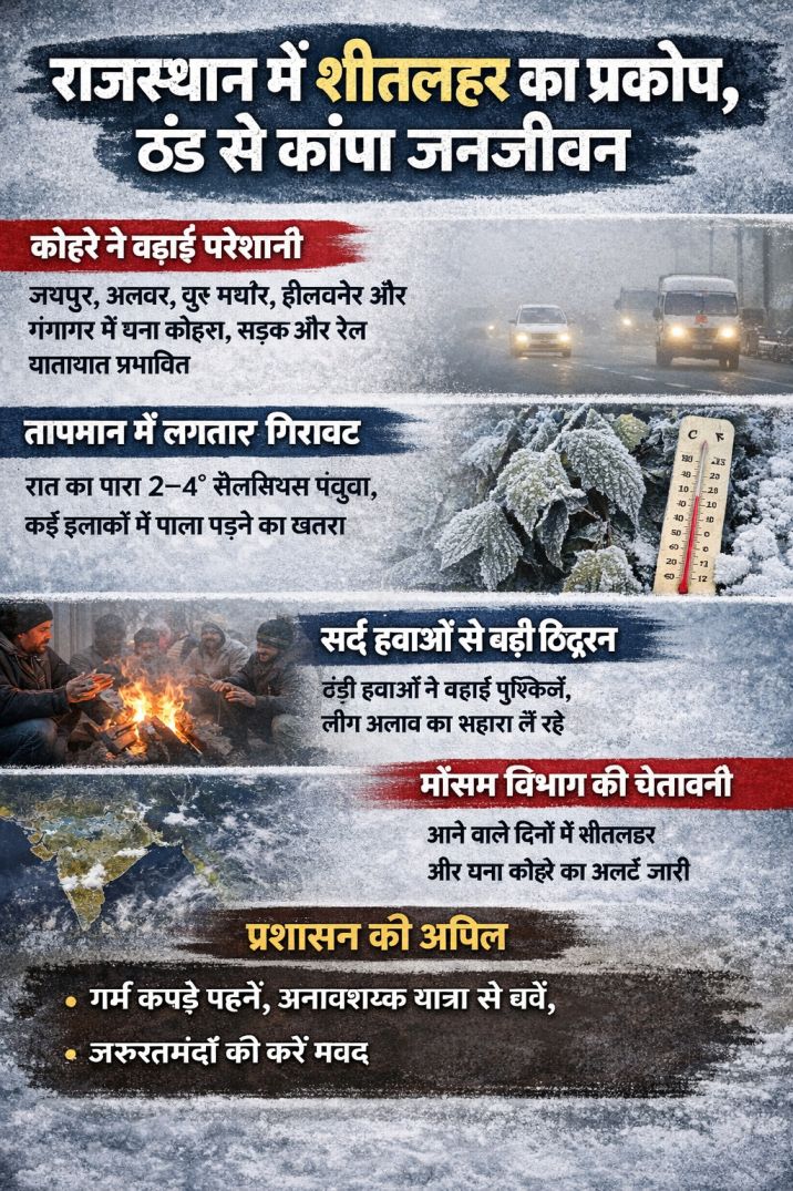Rajasthan Weather Update : राजस्थान में शीतलहर से कांपा जनजीवन, कोहरे और सर्द हवाओं से और भी बढ़ेंगी मुश्किलें!