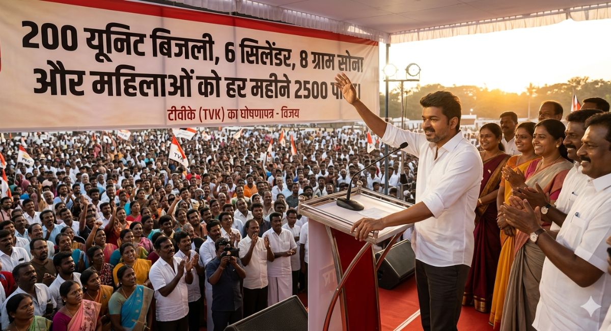 TVK Manifesto Releases : '200 यूनिट बिजली, 6 सिलेंडर, 8 ग्राम सोना और महिलाओं को हर महीने 2500', विजय ने जारी किया TVK का घोषणापत्र