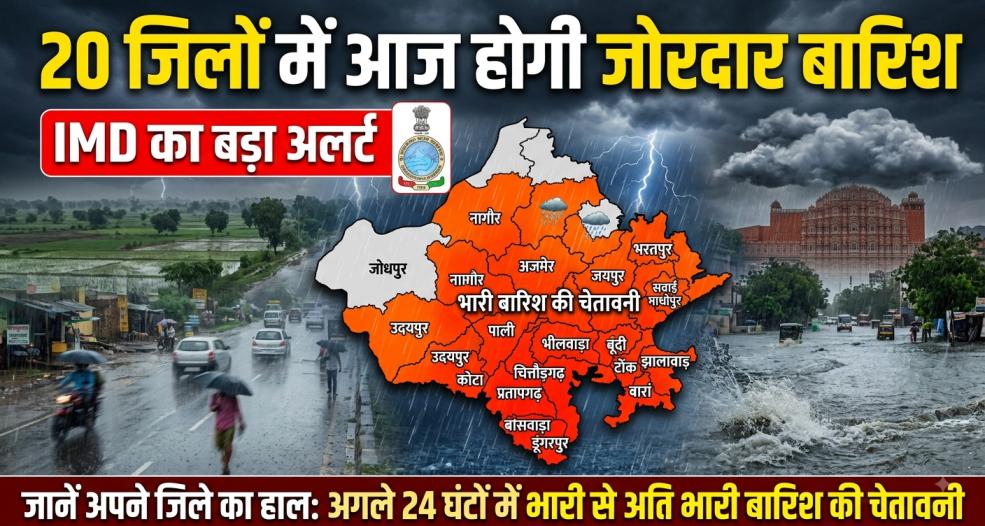 Rajasthan Ka Aaj Ka Mausam : 20 जिलों में आज होगी जोरदार बारिश, IMD का बड़ा अलर्ट, जानें अपने जिले का हाल