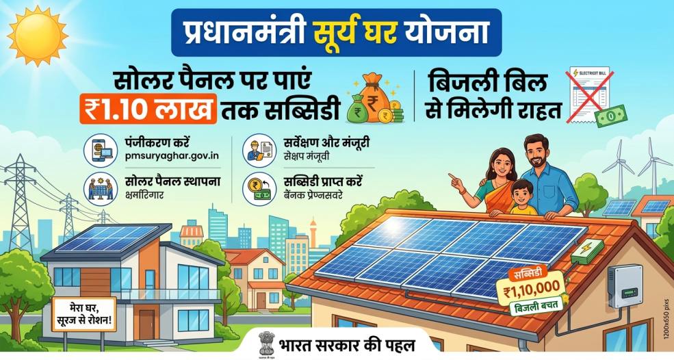 PM Surya Ghar Yojana : प्रधानमंत्री सूर्य घर योजना : सोलर पैनल पर पाएं ₹1.10 लाख तक सब्सिडी, बिजली बिल से मिलेगी राहत