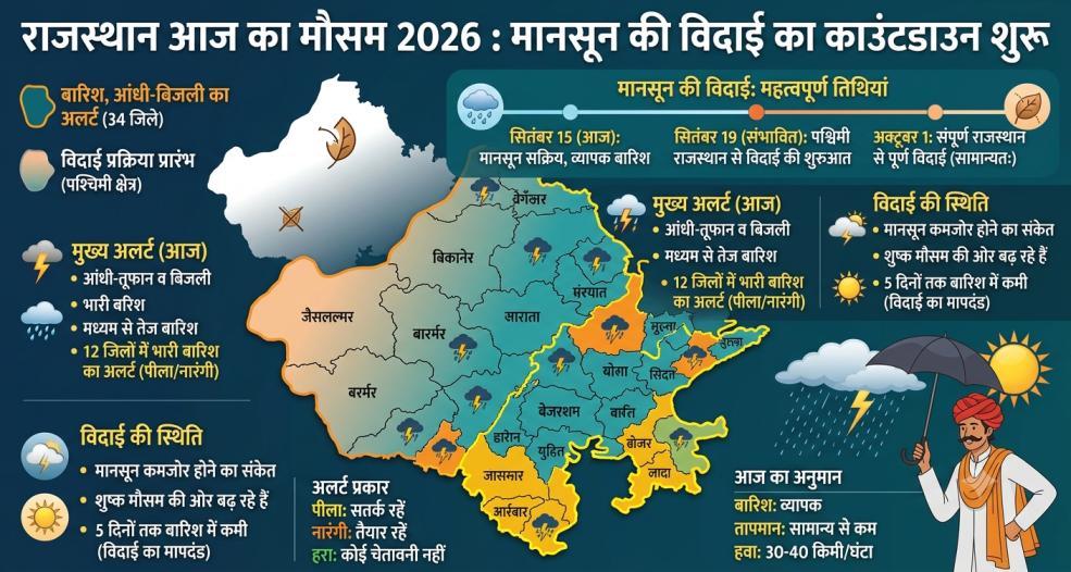 Rajasthan Aaj ka Mausam 2026 : मानसून की विदाई का काउंटडाउन शुरू, राजस्थान के 34 जिलों में आज बारिश, आंधी-बिजली का अलर्ट