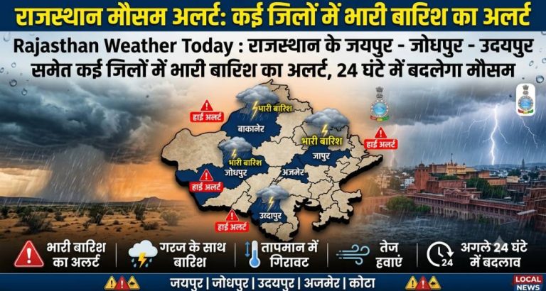Rajasthan Weather Today : राजस्थान के जयपुर - जोधपुर - उदयपुर समेत कई जिलों में भारी बारिश का अलर्ट, 24 घंटे में बदलेगा मौैसम